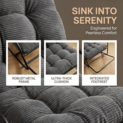 Outdoor Rocking Chairs, Metal Frame Outdoor Rocker with Footrest, Comfy Oversized Patio Chair with Thick Cushion, Reading Glider Lounge Chair for Living Room, Bedroom, Garden, Relax, Gray