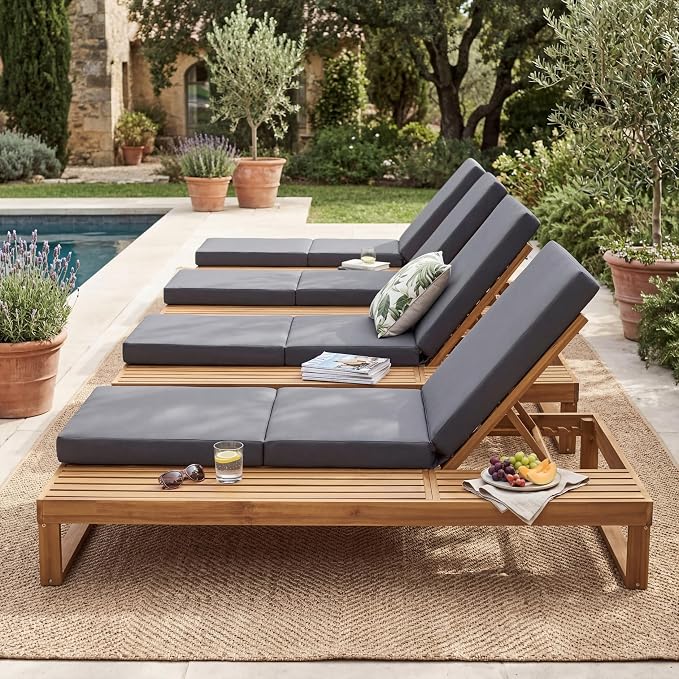Merax 4-Piece Teak Finish Acacia Wood Chaise Lounge with 4-Inch Dark Grey 3-Fold Water-Resistant Cushion Set, 4-Position Adjustable Outdoor Patio Lounger with Flat Side Surface, for Poolside