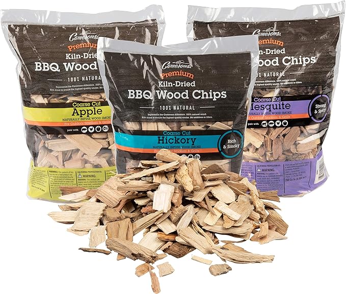 Camerons All Natural Wood Chips for Smoker, 3 Pack - Apple, Hickory, Mesquite -260 Cu In Bag, Approx 2lbs ea- Kiln Dried Coarse BBQ Grill Wood Chips for Smoking - Barbecue Accessories & Grilling Gifts