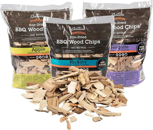 Camerons All Natural Wood Chips for Smoker, 3 Pack - Apple, Hickory, Mesquite -260 Cu In Bag, Approx 2lbs ea- Kiln Dried Coarse BBQ Grill Wood Chips for Smoking - Barbecue Accessories & Grilling Gifts