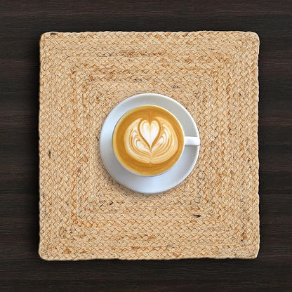 Hausattire Jute Braided Placemats 14x14 Inches Set of 4 Reversible Handwoven Boho Vintage Easter Placemats for Kitchen Dining Tables|BBQ's Farmhouse Decor Indoor & Outdoor Parties|Natural