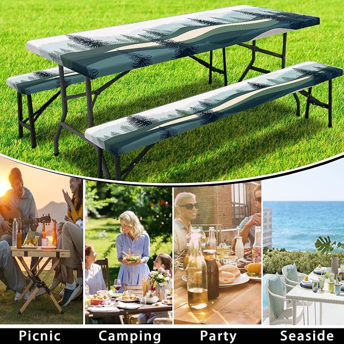 Picnic Table Cover with Bench Covers, Green Blue Camping Tablecloth Waterproof Windproof, Fitted Tablecloth Cover with Elastic Edge, for Indoor & Outdoor, Garden, Camping, 3 Pieces Set, 30x96 Inch