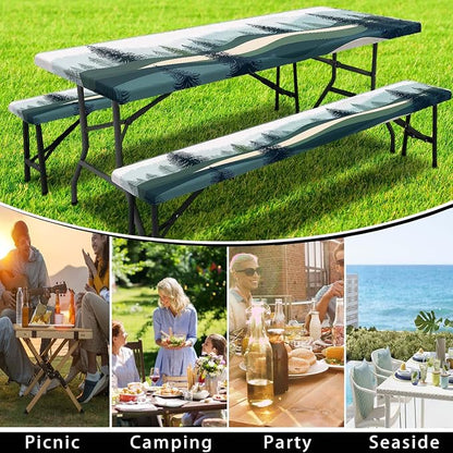 Picnic Table Cover with Bench Covers, Green Blue Camping Tablecloth Waterproof Windproof, Fitted Tablecloth Cover with Elastic Edge, for Indoor & Outdoor, Garden, Camping, 3 Pieces Set, 30x60 Inch