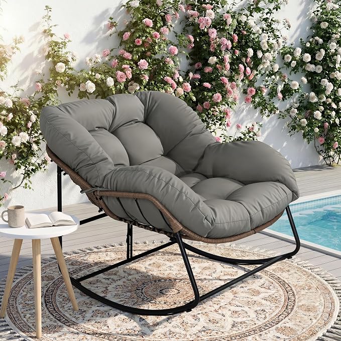 Bifanuo Oversized Egg Rocking Chair for Indoor Outdoor – All-Weather Wicker Rattan Lounge Chair with Cushion Patio Rocker for Porch Garden or Balcony (Grey)
