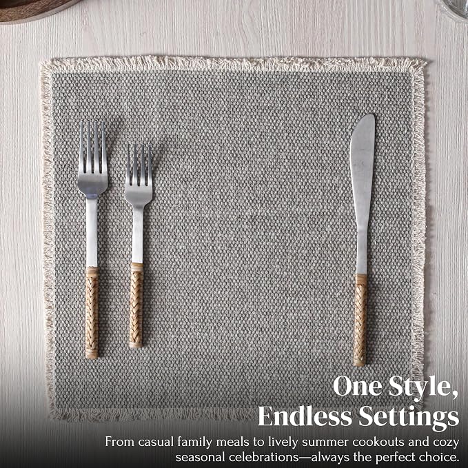 Hausattire Cotton Frayed Placemats Set of 4 Dining Table 14x14 Inch | Rustic Farmhouse Boho Washable Easter Placemat for Outdoor Parties BBQ's Wedding, Holiday, Special Occasions, Nubby Cotton - Grey