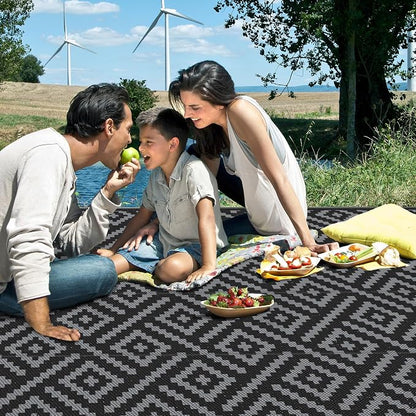 GENIMO Outdoor Rug, Waterproof Plastic Rugs 9'x18' for Camping Black Grey | Outside Larger Modern Carpet Mat for Patio Decor, RV, Porch, Camper, Deck, Picnic, Beach, Backyard, Reversible, Foldable