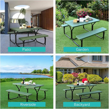 GYMAX Picnic Table, Picnic Bench Easy to Assemble w/All Weather Wood Grain Tabletop & Metal Frame, Picnic Tables for Outdoors Camping Backyard Deck Patio Poolside Dining Party