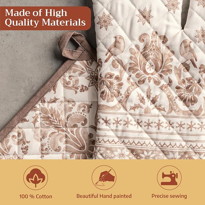 Maison d' Hermine 100% Cotton Oven Mitt & Pot Holder Set (7.5"x13" & 8"x8") | Heat Resistant BBQ Cooking Gloves with Loop Baking Grilling Kitchen Hotel Home Farmhouse Thanksgiving Christmas - Allure