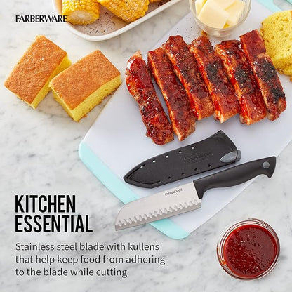 Farberware EdgeKeeper 5 Inch Santoku Knife with Self-Sharpening Blade Cover, High-Carbon Stainless Steel Blade with Oval Indentations, Ergonomic Handle