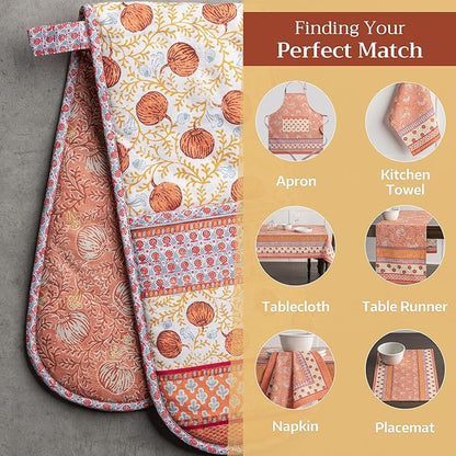 Maison d' Hermine Double Oven Mitt (7" x 35") 100% Cotton Heat Resistant BBQ Cooking Gloves with Loop for Thanksgiving Christmas Decorations Baking Cooking Barbeque Handling Hot Pan (Harvest Festival)