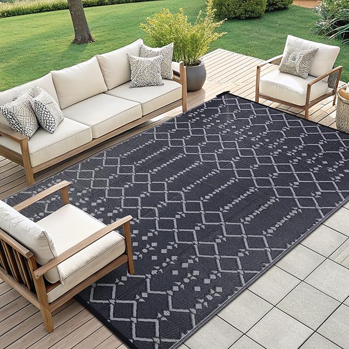 Smiry Outdoor Rug 9x12 ft Waterproof Reversible Boho Mat, Dark Grey | Polypropylene Plastic Straw, Quick Drying, Lightweight Foldable, for Patio, Deck, RV Camping, Backyard and Indoor Outdoor Use