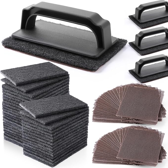 Reallnaive 124 Pcs Griddle Cleaning Kit for Flat Top Grill,Black | Screen Holder, Grill Screens Cleaning Pads, Heavy Duty Abrasive Mesh Pads for Cast Iron, Stainless Steel Griddle Cleaner