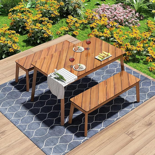 3 Pieces Acacia Wood Table with 2 Benches Dining Set Outdoor Indoor Furniture, Picnic Beer for Patio, Porch, Garden, Poolside - Natural