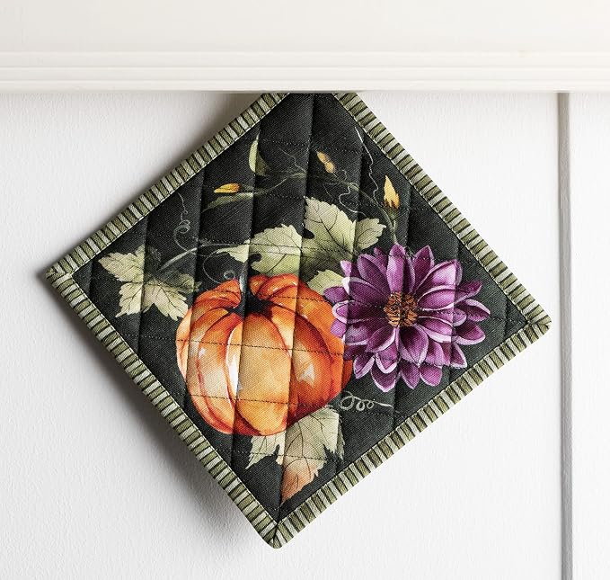 Maison d' Hermine Pot Holders 100% Cotton Potholders (8" x 8", Pack of 1) | Heat Resistant Hot Pads with Loop BBQ Cooking Kitchen Handling Hot Pans Thanksgiving Christmas - Pumpkin Garden - Dark Green