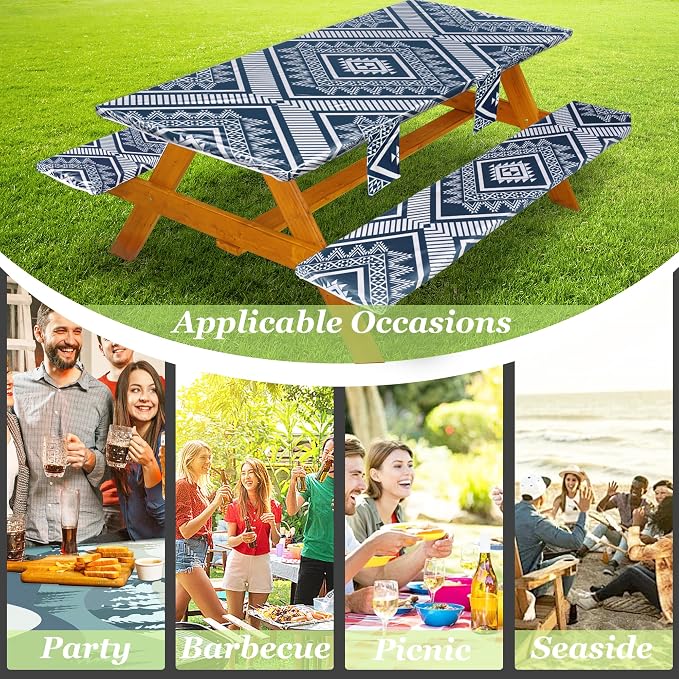 Fitted Picnic Table Cover with Bench Covers Waterproof Elastic Edges Rectangle Patio Tablecloth Outdoor Camping Essentials Stuff Rv Accessories Summer Trip Travel Camper Gifts for Woman Men, 72in 6 ft