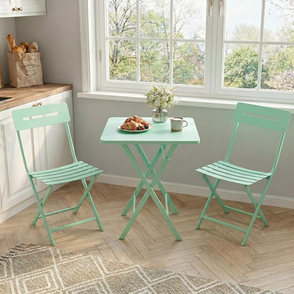 Garvee 3PCS Bistro Set, Folding Patio Furniture Set w/ 2 Chairs,Solid Steel | Foldable space-saving bistro set, fully pre-assembled for instant use. Powder-coated weatherproof steel frame. Easy-clean