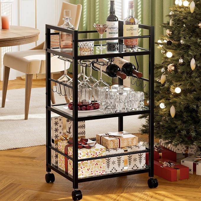 Bar Cart, Serving Cart for Home, Microwave Cart, Drink Cart, Mobile Kitchen Shelf with Wine Rack and Glass Holder, Rolling Beverage Cart for Dining Room, Black