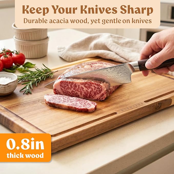 Acacia Wood Cutting Boards for Kitchen Set of 3, Juice Groove | Non Toxic Wooden Chopping Boards, Knife Friendly, Large Kitchen Boards for Meat, Cheese, Charcuterie & Serving