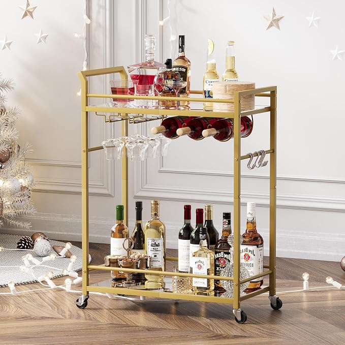 3 Tier Bar Cart, Small Beverage Cart, Mini Bar Cart with Wine Rack, Home Bar Serving Cart with Wheels for Dining Living Room (Gold, Mirrored) GBC106GU