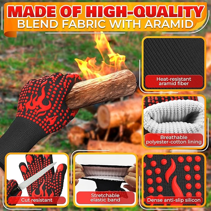 Aramid Heat Gloves for Grilling - Heat Resistant Gloves for Cooking, Men L–XL (9–10″), Women XL (10–11″), Withstands 1472°F (6 Sec), Grill Mitts with Dual-Layer Protection - for Indoor & Outdoor Use