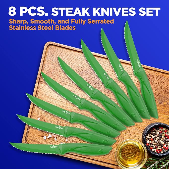 NutriChef Steak Knife Set of 8 - Premium Serrated Stainless Steel Kitchen Knife Set - Ergonomic Design, Sharp Blades, Non-Stick, & Rust-Resistant - Perfect for Home, BBQ's & Restaurants Green