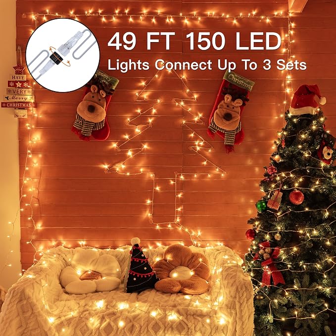 49FT 150 LED Christmas Lights Outdoor Waterproof, Timer & Memory Function, 8 Modes Warm White String Lights Plug in Twinkle Lights for Xmas Tree Holiday Garden Indoor Party Decor