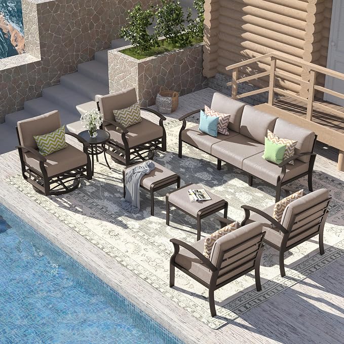 ALAULM Aluminum Patio Furniture Set with 2 Swivel Chairs 9-seat Metal Outdoor Furniture Patio Sectional Sofas Patio Conversation Set w/2 Ottomans for Patio, Backyard, Poolside-Sand