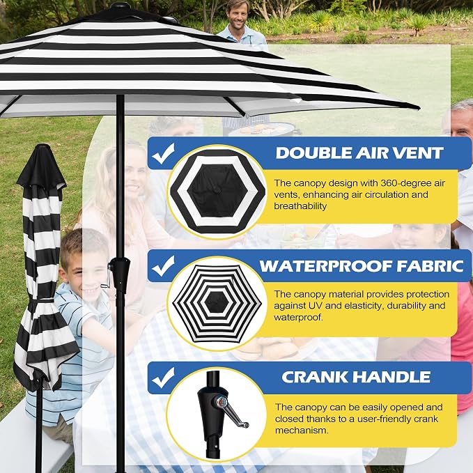 Sunnyglade 9FT Outdoor Patio Umbrella, Market & Table Umbrella with 6 Sturdy Ribs and Crank System, Fade-resistant & Waterproof for Garden Backyard Poolside Deck