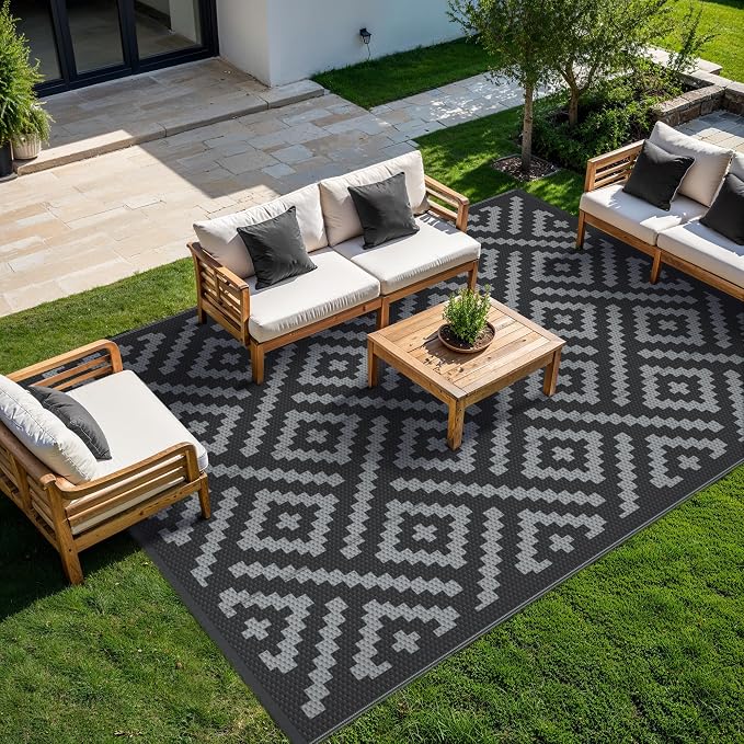GENIMO Outdoor Rug, Waterproof Plastic Rugs 9'x12' for Camping Black Grey | Outside Larger Modern Carpet Mat for Porch Decor, Deck, Balcony, Camping, RV, Backyard, Picnic, Beach, Reversible, Foldable