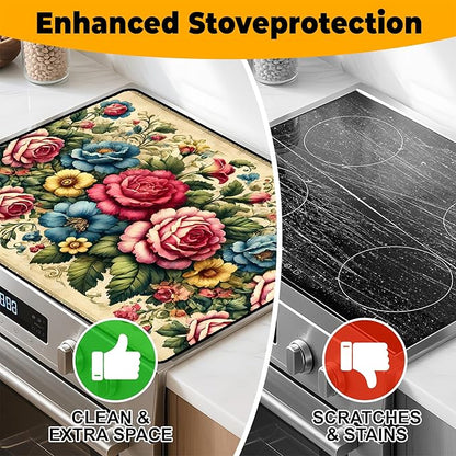 Peony Flower Stove Top Cover Retro Flower Gas Stove Top Cover for Home Decoration Kitchen Pad Non-Stick Washable Cooktop Covers Countertop Protector Keep Stove Clean 28"x20"