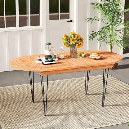 Tangkula 71" Outdoor Dining Table for 6, Oval Teak Wood 6 Person Patio Table with 2" Umbrella Hole, Metal Legs, Safety Locks and Wood Tabletop, Outside Table for Garden, Poolside & Backyard