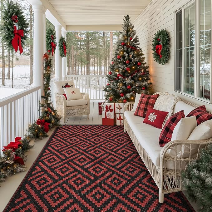 GENIMO Outdoor Rug, Waterproof Plastic Rugs for Patio, 6'x9' Red Grey | Outside Larger Modern Carpet Mat for Porch Decor, Deck, Balcony, Camping, RV, Backyard, Picnic, Beach, Reversible, Foldable