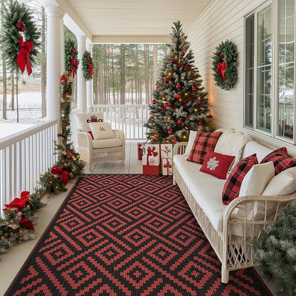 GENIMO Outdoor Rug, Waterproof Plastic Rugs for Patio, 6'x9' Red Grey | Outside Larger Modern Carpet Mat for Porch Decor, Deck, Balcony, Camping, RV, Backyard, Picnic, Beach, Reversible, Foldable