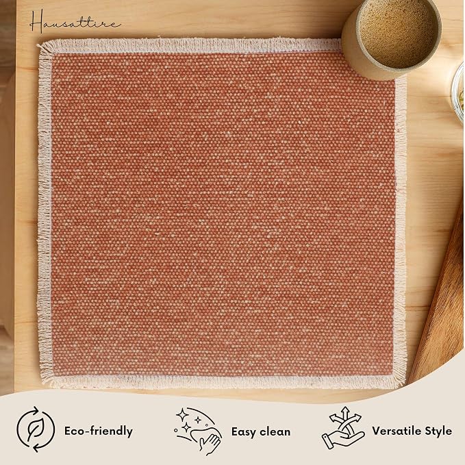 Hausattire Cotton Frayed Placemats Set of 4 Dining Table 14x14 Inch | Rustic Harvest Boho Washable Easter Placemat for Outdoor Parties BBQ's Wedding, Holiday, Nubby Cotton - Rust