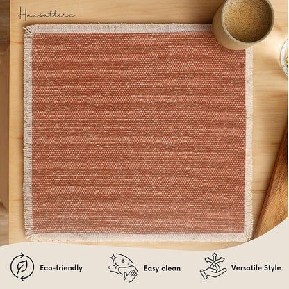 Hausattire Cotton Frayed Placemats Set of 6 Dining Table 14x14 Inch | Rustic Harvest Boho Washable Easter Placemat for Outdoor Parties BBQ's Wedding, Holiday, Special Occasions, Nubby Cotton - Rust