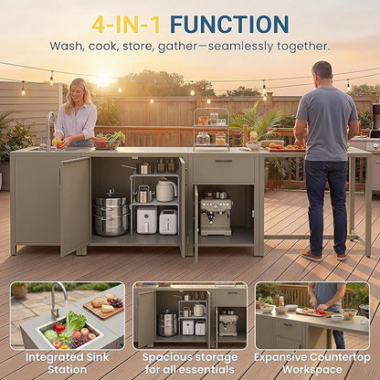 Wisteria Lane Outdoor Storage Cabinet with Stainless Steel Sink, Aluminum Modular Outdoor Kitchen, All Weather Kitchen Island with Double Door Storage, Patio Bar Table for BBQ, Porch, Backyard