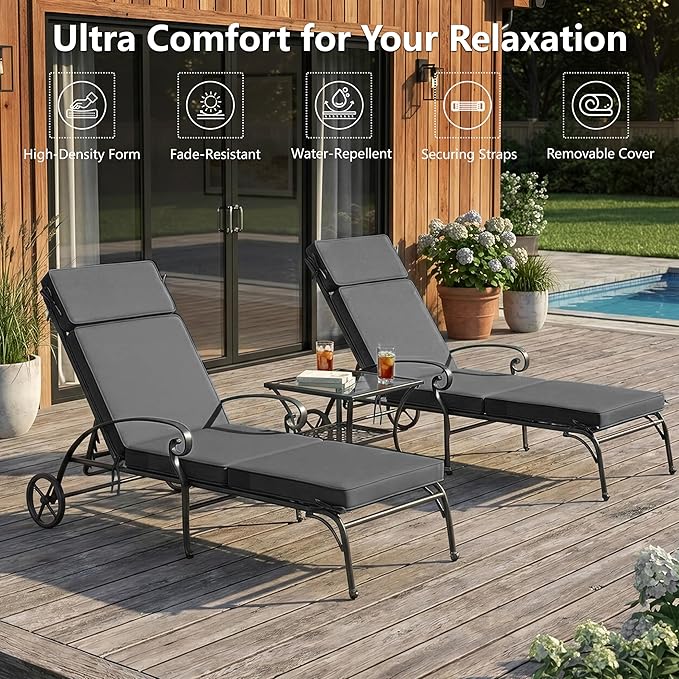 72 x 21 Inch Outdoor Chaise Lounge Cushions Set of 2 - Removable Cover, 4-Section Design, Water-Repellent & Fade-Resistant, 6 Tie Straps, Replacement for Patio & Pool Chairs - Dark Grey