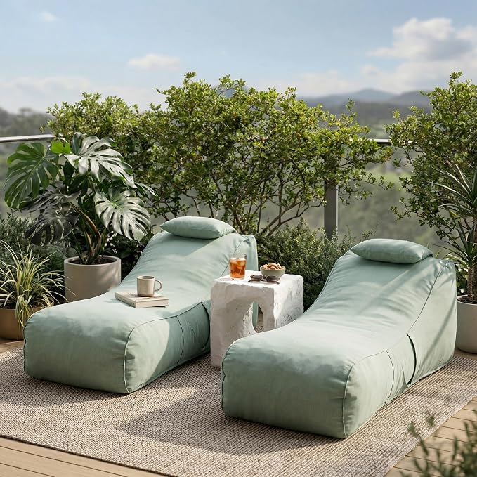 Christopher Knight Home Morton Outdoor Bean Bag Chair Set of 2, Fabric Bean Bag Chair for Adults and Kids, Indoor/Outdoor Sun Lounger with Headrest, Patio Chaise Lounge Chair Set of 2, Mint