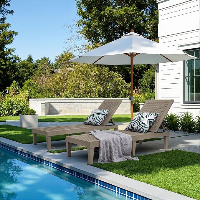 Greesum Lounge Chairs Set of 4 All Weather Outdoor Angle Adjustable Chaise for Beaches,Gardens,Decks and Pools,Light Coffee