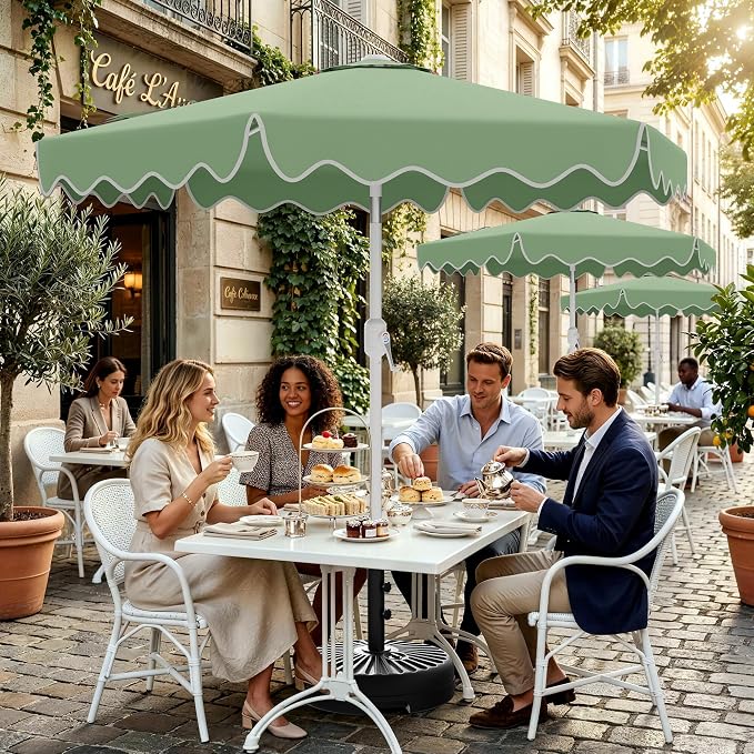 AreShark 9FT Outdoor Patio Umbrella with Wavy Trim (Sage Green) | Market Table Umbrellas w/ 6 Sturdy Ribs, Crank & Tilt, White Pole, Pool Umbrella with UV-Fade Resistant Fabric, Heavy Frame
