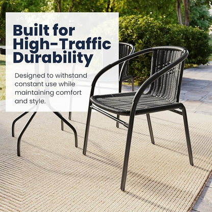 Flash Furniture Lila 23.5'' Square Glass Metal Table with 2 Black Rattan Stack Chairs | Durable Construction, Commercial Use