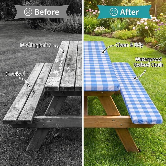 Poise3EHome Picnic Table Cover with Bench Covers, 6 Foot Fitted Elastic Tablecloth Set, Heavy Duty Polyester with TPU Waterproof Backing, Washable Outdoor Picnic Set for Camping, RV & Park(Blue&White)