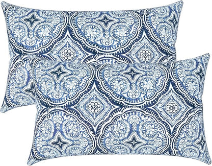 LVTLVTXIII 12×20 Inch Outdoor Lumbar Pillows, Pack of 2 Water Repellent Lumbar Pillow with Inserts, Fluffy Decorative Garden Lumbar Cushions for Home Patio Coach Sofa Use, Medallion Blue