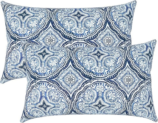 LVTLVTXIII 12×20 Inch Outdoor Lumbar Pillows, Pack of 2 Water Repellent Lumbar Pillow with Inserts, Fluffy Decorative Garden Lumbar Cushions for Home Patio Coach Sofa Use, Medallion Blue