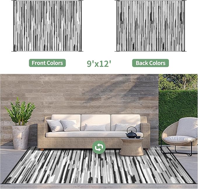 GENIMO Outdoor Rug, Waterproof Plastic Rugs for Patio, 9'x12' Onyx White | Outside Larger Modern Carpet Mat for Porch Decor, Deck, Balcony, Camping, RV, Backyard, Picnic, Beach, Reversible, Foldable