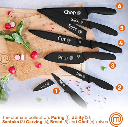 MasterChef Kitchen Knife Set with Covers, 6 Professional Chef Knives for Home Kitchens, Extra Sharp Cutting Stainless Steel Blades & Protective Sheaths, Soft-Touch Easy-Grip Handles, Essential Black