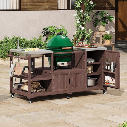 75.4" Outdoor Kitchen Island with Sink, Solid Wood Grill Cart for XL Big Green Egg, Rolling Outdoor Bar Cart with Stainless Steel Top, Adjustable Shelves, 6 Wheels for BBQ Pizza Prep