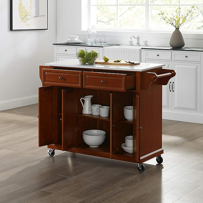 Crosley Furniture Full Size Stone Top Rolling Kitchen Island Storage Cart, Microwave Stand, Spice Rack, Cherry