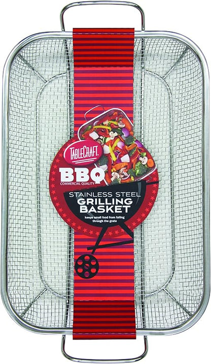 TableCraft BBQ Rectangular Grilling Basket with Handle, Silver, Medium