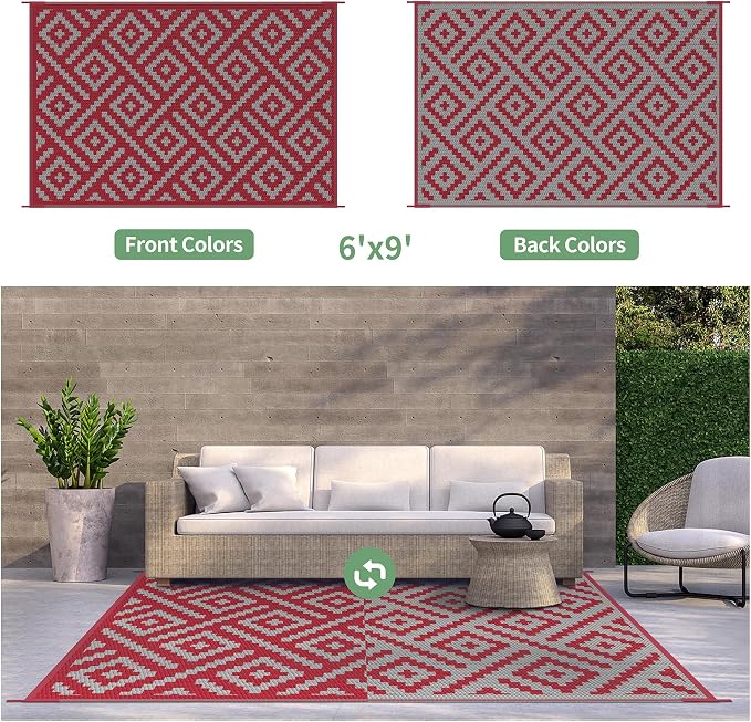 GENIMO Outdoor Rug, Waterproof Plastic Rugs for Patio, 6'x9' Red Grey | Outside Larger Modern Carpet Mat for Porch Decor, Deck, Balcony, Camping, RV, Backyard, Picnic, Beach, Reversible, Foldable